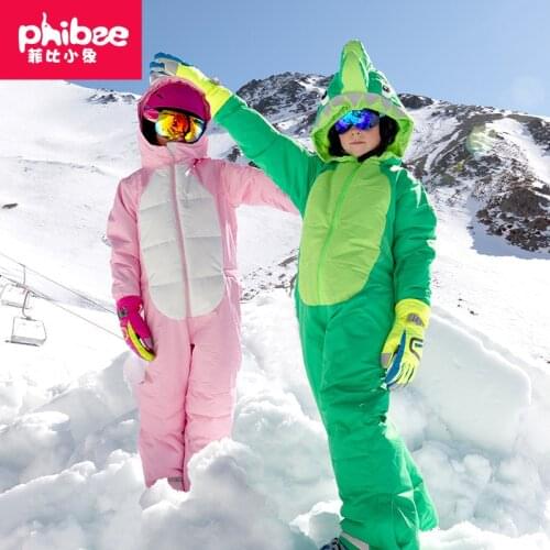 Phibee Childrens Cartoon One-Piece Ski Suit Boy/Girl Outdoor Snowboard Jacket Plus Velvet To Keep Warm