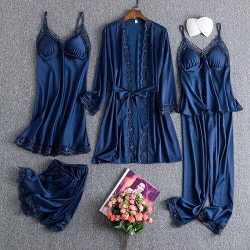 Women Sleepwear Sexy Satin Pajamas With Lace 5PCS PJS Set Faux Silk Nightwear Loose Bath Robe 2021 New Intimate Lingerie