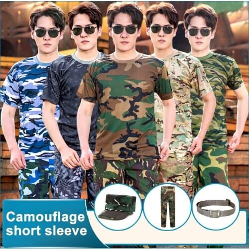 Outdoor Sports Men T-Shirts Set Camouflage Quick Dry O Neck Short Sleeve Tops Shirt Military Army Camo Outdoor Hiking T Shirt