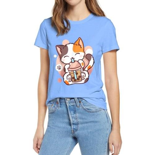 Unisex 100% Cotton Cat Boba Tea Bubble Tea Anime Kawaii Neko Summer Womens Short Sleeves Novelty T-Shirt Humor Harajuku Tee Men