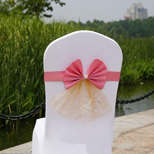 10 colors PU free tie bowknot wedding chair cover with gold Organza wedding party chair back decoration 10pcs/lot