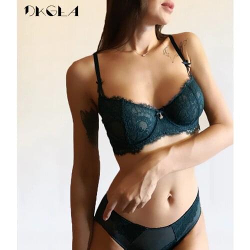New Ultrathin Underwear Set Women Bras Plus Size D E Cup Embroidery Sexy Bra Set Transparent Green Eyelash Lace Lingerie Set