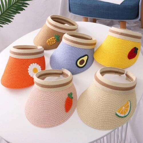 Summer Kids Fruit Print Wide Brim UV Protection Hat Topless Straw Cap Sunhat Straw Cap Sunhat Kids suncap UV Protection Hat UV P