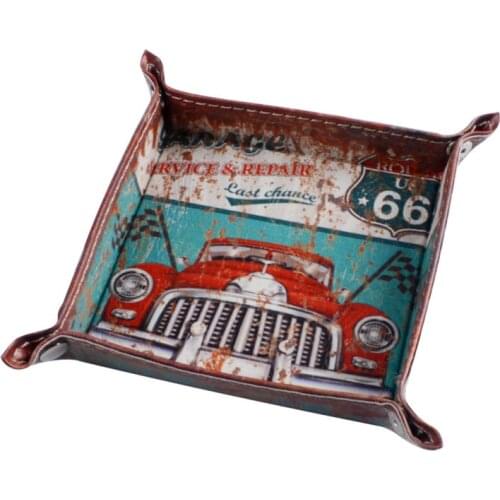LINKWELL 1PC Rusted Car Garage Service Blue Red Car Route 66 Man Cave Design PU Leather Valet Coin Key Trinket Tray for Serving