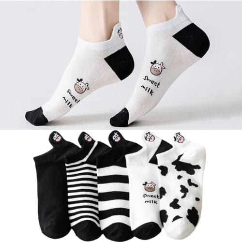 5 Pairs Cotton Short Women Socks Ankle Cute Cows Stripe Street Female Sock Short Soft Casual Fashion Summer Hot Sale Girls Sox