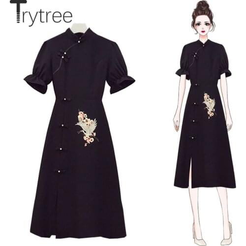 Trytree Summer Women Casual Dress Chinese Mandarin Collar Embroidery Floral Butterfly Sleeve A-line Mid-Calf Cheongsam Dress