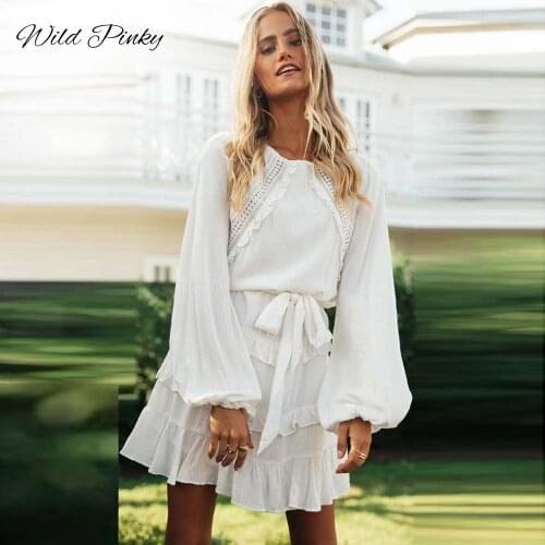 WildPinky Sexy O-Neck Womens Spring Autumn Dress White Ruffles Long Sleeve Mini Party Dress Elegant Women Clothing Vestidos