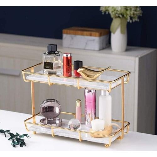 Natural 2 Layer Marble Vanity Tray, Fruit Dessert Cupcake Stand, Cosmetics Jewellery Perfume Organizer with Removeable Tray