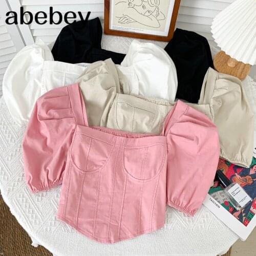 Vintage square collar puff sleeve Shirt irregular design high waist short solid color Shirt Top 2021 New Summer Women
