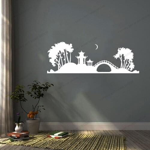 Japan Night Japanese Pagoda Tree Bridge Art Wall Sticker Home Decor Living Room Nature Decals Mural Interior Decoraton CX845