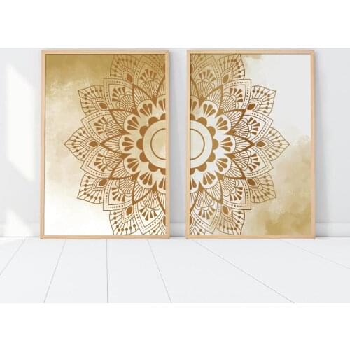 Yellow Watercolor Mandala Flower Wall Art Print Canvas Painting Decorative Beige Boho Poster Yoga Room Interior Home Decor