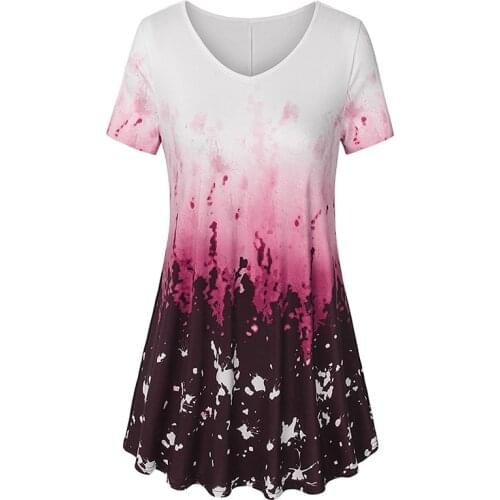 Summer New Women Vintage Print Long T shirt Ladies Casual Loose Short Sleeve V Neck Pleath Tee Tops Female