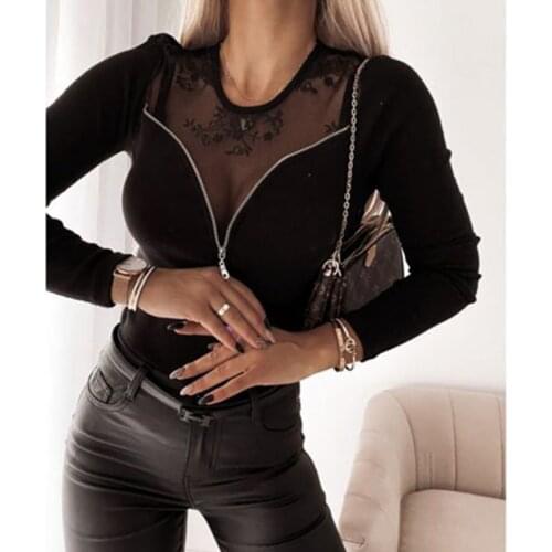 Women T-shirt For Women Top Mesh Patchwork Lace Zipper Decor Long Sleeve Female T-shirts For Woman T Shirt Womens Clothing 2021
