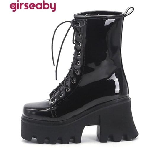 Girseaby Shoes women High heels Ankle boots Platform Round toe Patent leather Lace up Solid Black Rose Spring Autumn Winter Hot