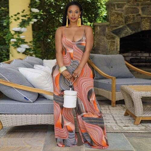 Geometric Patter Beach Rompers Womens Jumpsuit 2021 Cleavage Spaghetti Strap Wide Leg Overalls Summer Vacation Loose Bodysuits