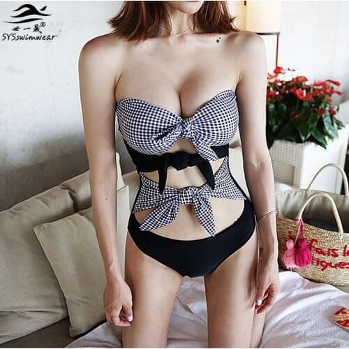 High Quality Plaid & Black Patchwork Bandage Sexy Women One Pieces Swimwear Beach Halter RetroGirl Swimsuit Summer Bathing Suit