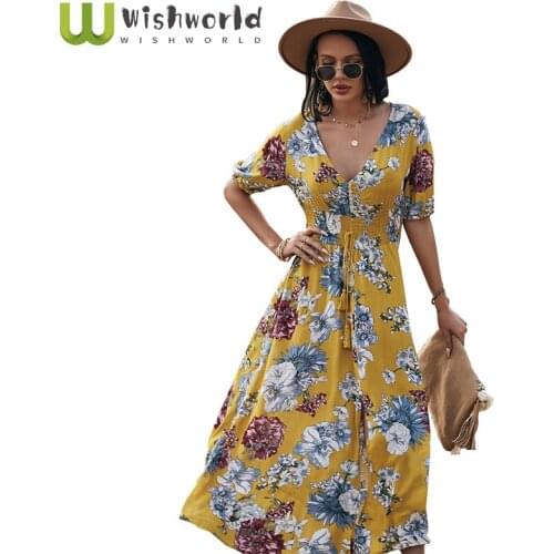Womens New 2021 Spring, Summer, Autumn and Winter Dress Sexy Printing Charge Show Thin Waist Bohemian Long Dress