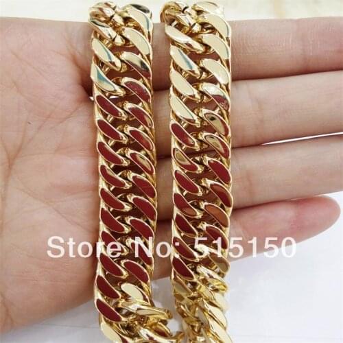 24"Charming MENS Stainless Steel 10mm Yellow Gold Cuban Curb Chain Necklace