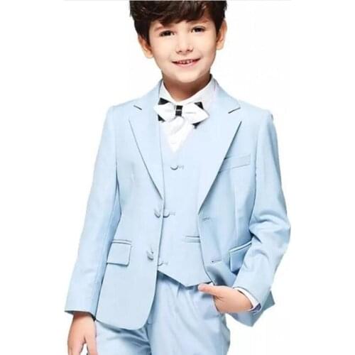 Blue Flower Boys Children Wedding Groom Tuxedos Kids Formal Party Prom Suits 3 pieces (jacket + pants + vest)
