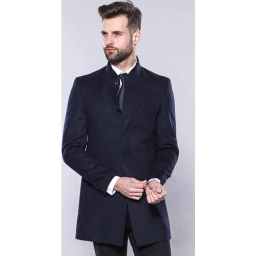 Navy Blue Mandarin Collar Long Coat Wessi