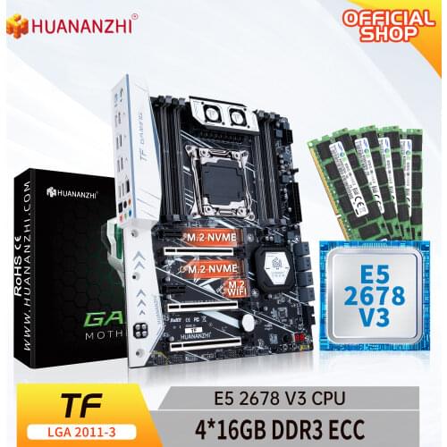 HUANANZHI X99 TF X99 Motherboard with Intel XEON E5 2678 V3 with 4*16G DDR3 RECC memory combo kit set NVME SATA 3.0 USB3.0 ATX
