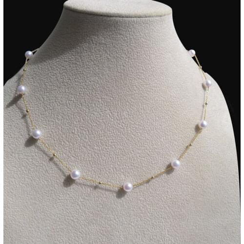 Classic 5.5-6MM Round White Real Akoya Cultured Pearl Necklace Yellow Gold GGG