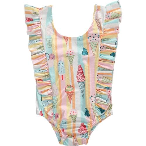 0-4Years Baby Girl Swimwear Cute Ice Cream Print One-Piece Swimsuit Sleeveless Ruffles Bikini Kids Baby Girl Bathing Suit