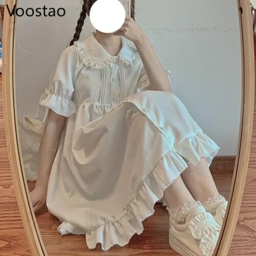 Japanese Sweet Lolita Style Mini Dress Vintage Women Cute Peter Pan Collar Puff Sleeve Fairy Dress Summer Girl White Party Dress