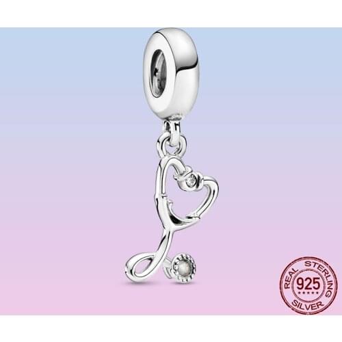 Trendy Jewelry 925 Sterling Silver Beads Stethoscope Heart Dangle Charm fit Original Pandora Bracelet Necklace Silver DIY Making