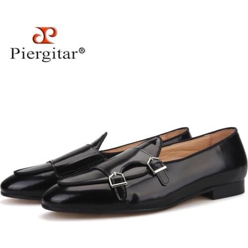Piergitar 2019 New black Genuine leather men handmade loafers with metal buckle Fashion Party and wedding men dress shoes