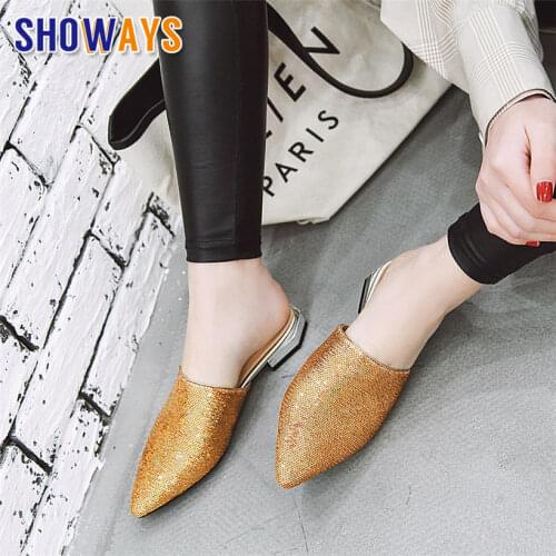 Big Size Bling Women Mules Gold Sequined Cloth Pointed Toe Pumps Low Square Metal Heels Casual Slippers Summer Silver Lady Shoes