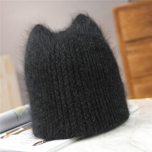 2021 New Women Winter Warm Hats Girl Sweet Rabbit Fur Ear Beanie Hats Quality Solid Color Cap Fashion Knitting Cap For Female