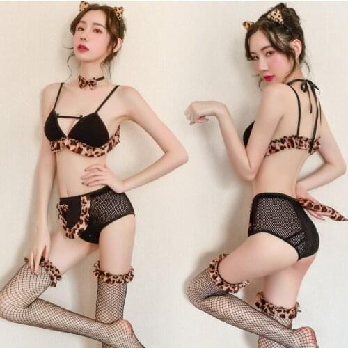 New Women Sexy lingerie Erotic costumes set hot Transparent perspective underwear pajamas leopard jacquard net stockings