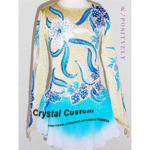 2016 Girls Blue Figure Skating Dresses With Colorful Flowers New Brand Figure Skating Competition Dress Customized DR3140