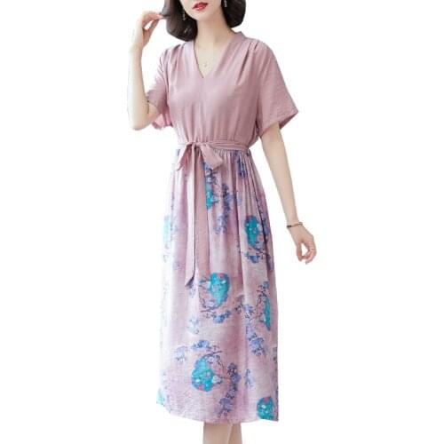 Lady Summer Dress Cotton and Linen Women Dress Elegant Ladies Vintage Long Dress Print Short Sleeve Casual Vestidos