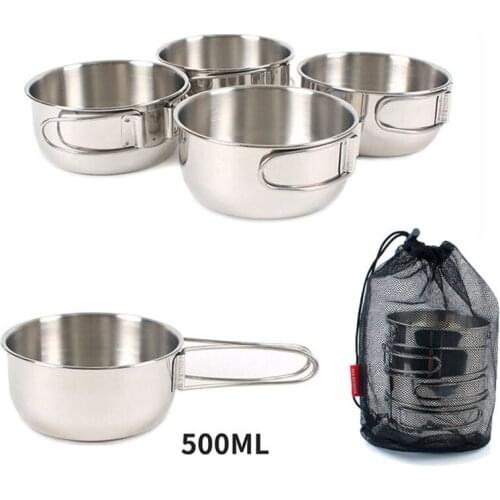 Outdoor 304 stainless steel 4-piece bowl 500ml small steel bowl camping mountaineering travel picnic tableware