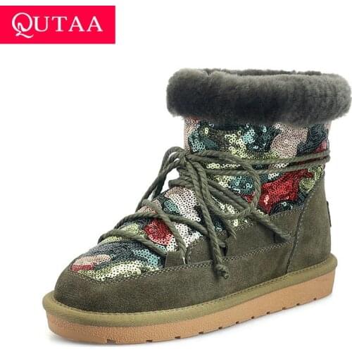 QUTAA 2022 Snow Boots Autumn Winter Square Heels Cow Suede Fur Ankle Women Boots Square Toe Slip on Ladies Shoes Size 34-43