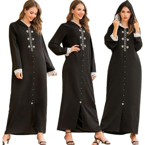 Ramadan Abaya Muslim Women Beading Rhinestone Hooded Lace Long Dress Maxi Robe Dubai Islamic Turkish Malaysia Eid Gown Moroccan