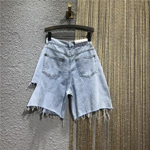 Hole Ripped Denim Knee Length Shorts Women High Waist Tassel Shorts Summer Sexy Thin Casual Straight Short Jeans Female S-XL