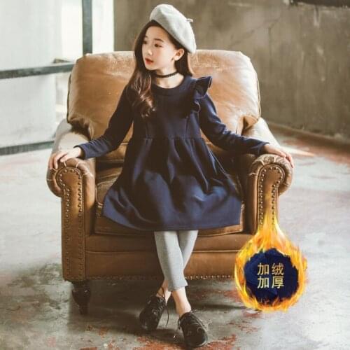 Girls School Dress Autumn Winter Baby Girl Navy Fly Sleeve Warm Lining Long Sleeve Princess Dresses Children Thicken Dress10 12T