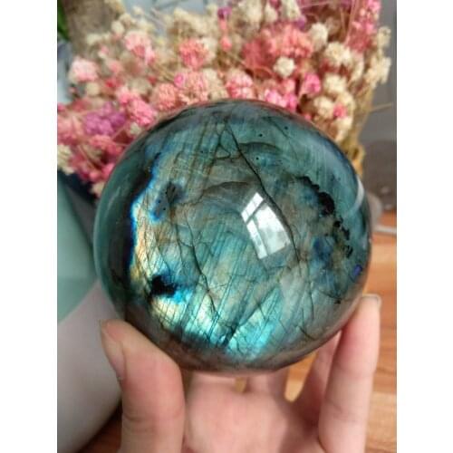 TOP!! 973g 85mm NATURAL Labradorite Crystal sphere ball Orb Gem Stone miner