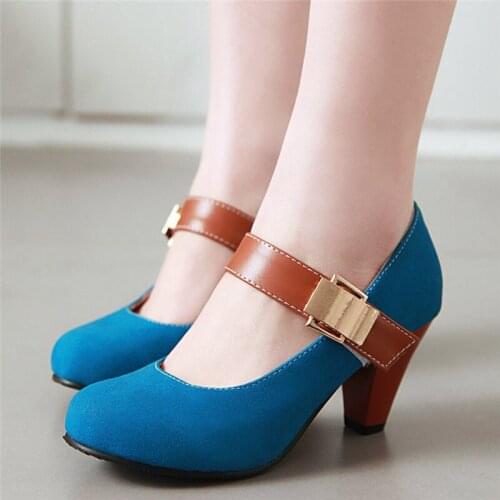 Mary Jane Shoes Women High Heels Pumps Block Heel Buckle Strap Women Shoes Spring Round Toe Work Office Party Dress Shoes Blue