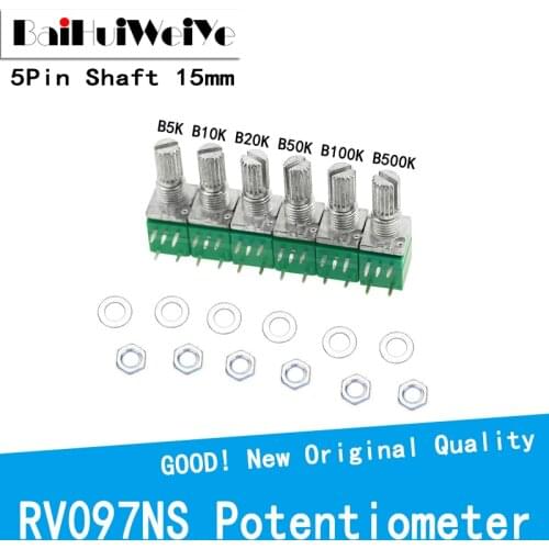 10PCS/LOT RV097NS Amplifier Sealing Potentiometer 5K 10K 20K 50K 100K 500K with a switch audio 5PIN shaft 15mm RV097N RV097