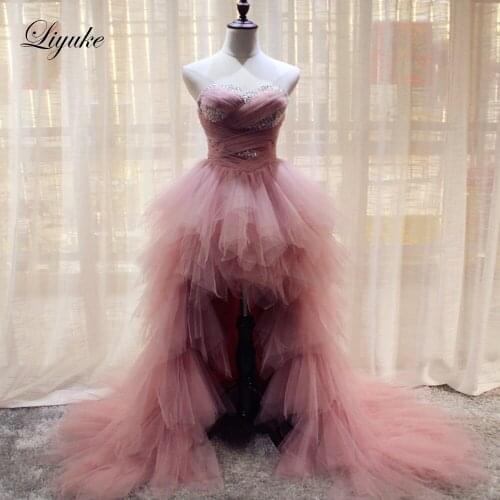 Liyuke Strapless Flush Pink Tulle Evening Dress Of Beading Rhinestone Formal Dress High Low Party Dress