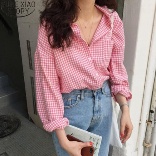 Casaul Pink Plaid Shirt Women Long Sleeve Loose Blouse Women Spring Summer Shirts Cardigan Fashion Ladies Tops Blusas 10966