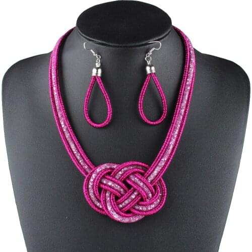 Claire Jin Crystal Short Knot Necklace and Earrings Set Woman Jewelry Gift Matching Braided Handwoven Choker Fashion Accessories