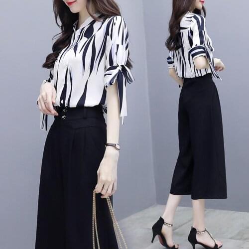 2021 Summer 2 Piece Sets Womens Outfits Plus Size Print Chiffon Blouse and Wide Leg Pants Suits Elegant Korean Set Women Y979