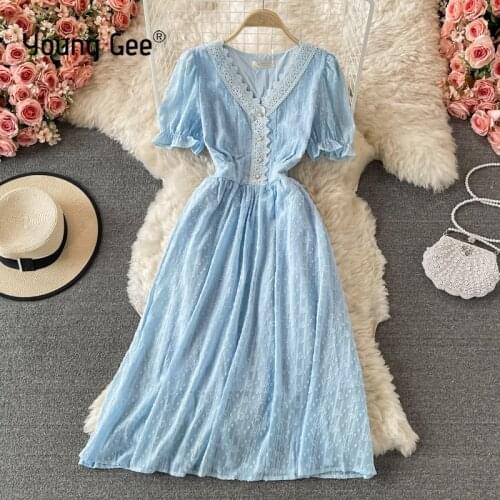 Young Gee Summer Lace Sweet Elegant Dress Women Puff Short Sleeve V-neck Vintage Floral Fairy Evening Party Knee-length Dresses