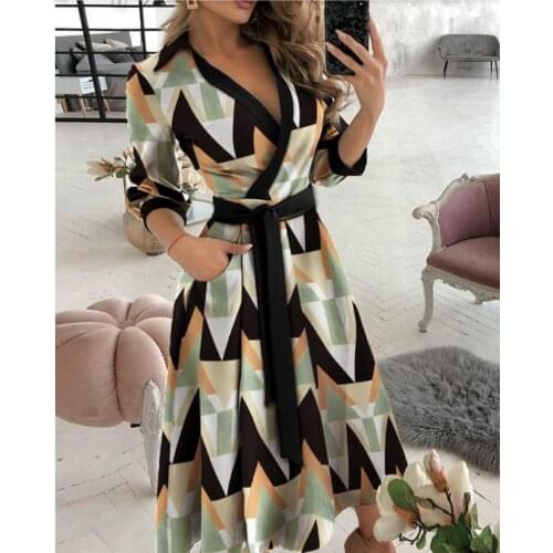 Wsevypo Vintage Women Tied High Waist Midi Shirts Dress Autumn Office Lady Elegant Long Sleeve Turn down Collar Flared A-Line