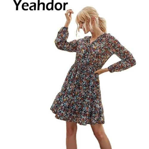 Women Summer Beach Dresses Streetwear Chiffon Long Sleeves V-Neck Dress High Waist Floral Printed Skirt Female Fashion Outfit